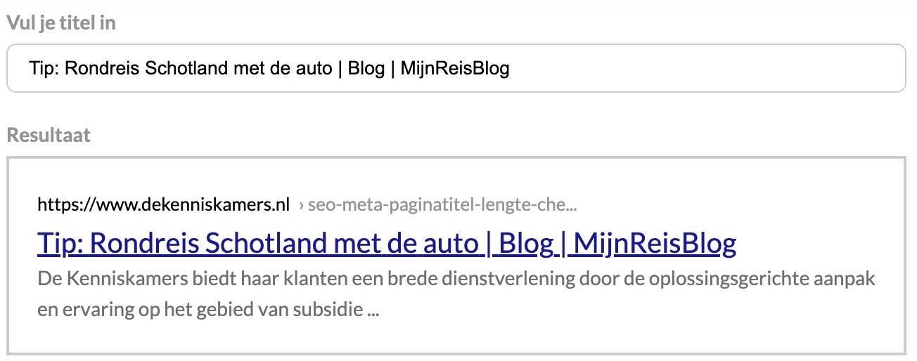 Weergave SEO pagina titel van de voorbeeldtitel
